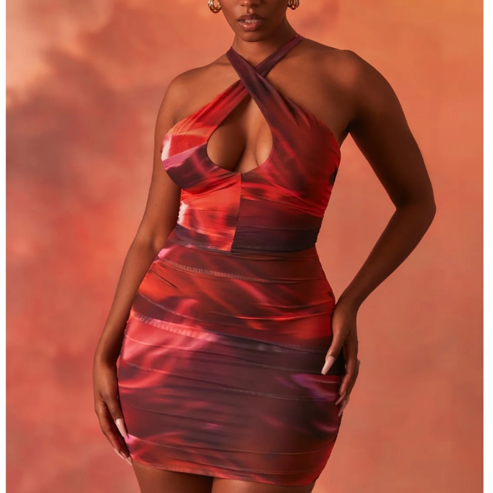 Oh polly OUT OF THIS WORLD Crossover Ruched Mesh Mini Dress in Orange